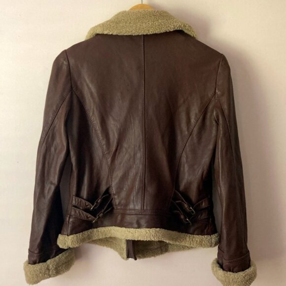Vintage Moda International Leather Lambskin Aviator Moto Jacket Brown Cuff - Picture 3 of 6